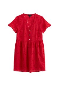 Rotes kurzärmliges Kleid mit V-Ausschnitt, Knopfverschluss und dekorativem Lochmuster. Fließender, strukturierter Stoff mit geraffter Taille.