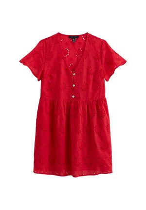 Rode jurk met korte mouwen, V-hals, knopen aan de voorkant en decoratief oogjespatroon. Vloeiend, textuurstof met een geplooide taille.