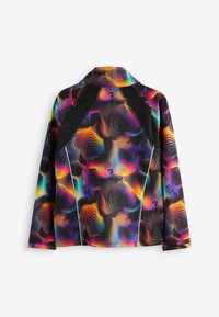 Langarmjacke mit einem bunten abstrakten Muster auf schwarzem Grund, kontrastierenden schwarzen Akzenten und einem modernen Kragendesign.