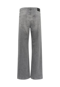 Gray wide-leg jeans featuring a high waist, two back pockets, and a stitched hem. The fabric has a smooth, slightly textured finish.