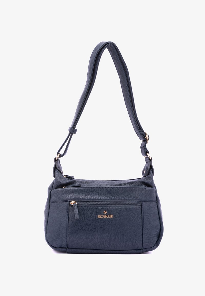 Borsa a spalla in pelle blu scuro con finitura strutturata, tracolla regolabile e accessori in tonalità oro. Presenta diverse tasche con zip.