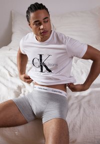 T-shirt s logom Calvin Klein v bielej farbe, v kombinácii s šedými boxeriek s kontrastným pásom. Hladká tkanina, voľný strih.