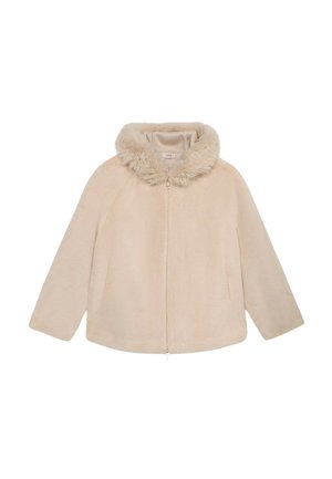 Chaqueta de piel sintética beige con capucha, cierre de cremallera y mangas anchas. La textura suave y el cuello esponjoso añaden detalle al diseño acogedor.