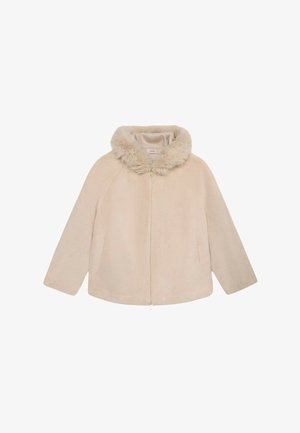 Beige nepbontjas met een capuchon, ritssluiting en brede mouwen. Zachte textuur en een luxe kraag voegen detail toe aan het gezellige ontwerp.