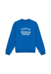Modrá mikina s dlouhými rukávy a kulatým výstřihem. Na přední straně se nachází nápis "DICKIES WORKWEAR COMPANY" velkými bílými písmeny. Hladké manžety a lem.