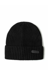 Crni pleteni beanie s rebrastim uzorkom, s preklopom i malom crnom oznakom sprijeda. Izrađen od mekanog, teksturiranog materijala za toplinu.