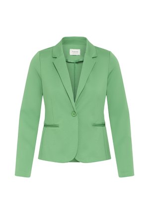 Zaļš sieviešu uzvalka žakete ar vienu priekšpuses pogu, izgriezuma atloki, garām piedurknēm un divām priekšējām kabatām ar maliņu.