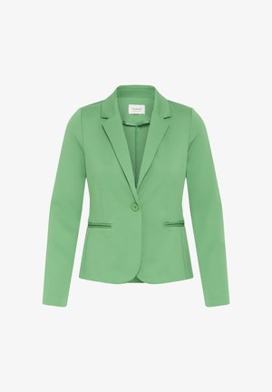 Zaļš sieviešu uzvalka žakete ar vienu priekšpuses pogu, izgriezuma atloki, garām piedurknēm un divām priekšējām kabatām ar maliņu.