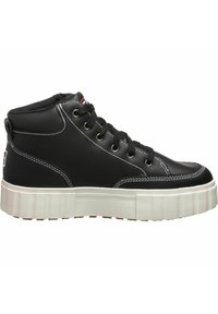 Mustat korkeavartiset tennarit, joissa on sileä synteettinen päällinen, pyöreä kärki, kontrastiväriset valkoiset ompeleet ja paksu, uritettu valkoinen pohja.