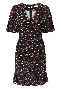 Schwarz Kleid mit kurzen Puffärmeln, gerafftem Design, mit Muster aus roten Kirschen und weißen Blumen, abgeschlossen mit einem Rüschensaum.