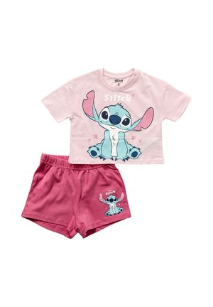 Pink children's outfit with a short-sleeve crop top and shorts featuring blue Stitch character and hearts from Disney's Lilo & Stitch.