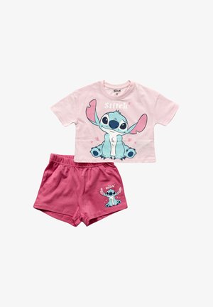 Lyserød børnetøj med en kortærmet crop top og shorts, der har den blå Stitch-figur og hjerter fra Disneys Lilo & Stitch.