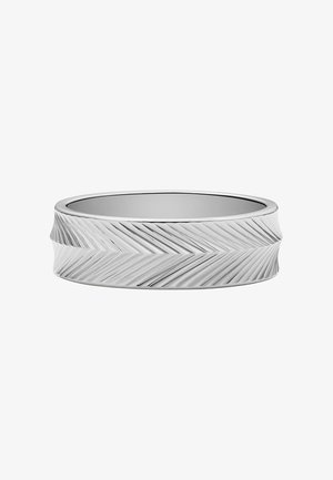 Silver ring featuring a textured, zigzag pattern along the band, with a smooth inner surface and a slightly rounded edge.