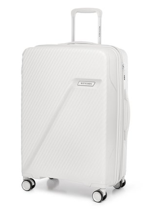 White hard-shell suitcase with diagonal textured pattern, four double spinner wheels, telescopic handle, side handle, and brand label "Wittchen."