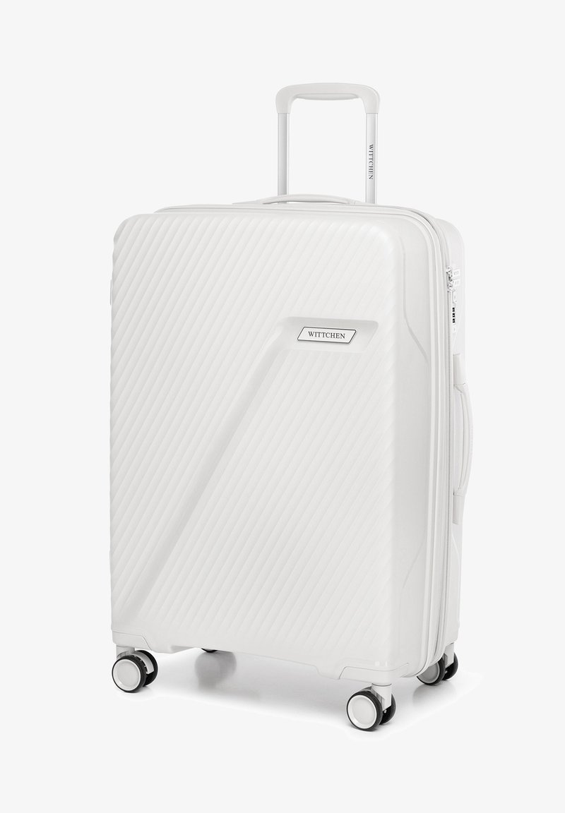 Valigia rigida bianca con motivo testurizzato diagonale, quattro ruote doppie girevoli, manico telescopico, manico laterale e etichetta del marchio "Wittchen."