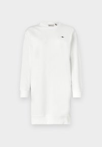 Weißes Sweatshirtkleid mit langen Ärmeln, Rundhalsausschnitt, gerippten Bündchen und einem Logodetail auf der Brust. Glatter Stoff, knielanger Schnitt.