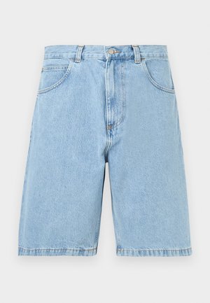 Light blue denim shorts with front pockets, belt loops, and a button-and-zipper closure, shown against a white background.