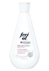 White plastic bottle with a tapered shape and screw cap. Label features blue and red text, indicating a body lotion with hyaluron for sensitive skin.