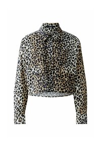 Gekürztes Hemd im Leopardenmuster, mit langen Ärmeln, Kragen und zwei vorderen Taschen. Hergestellt aus leichtem Stoff mit einer glatten Textur.