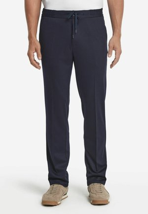 Marineblaue, leichte Hose mit elastischem Bund und Kordelzug. Verfügt über gerade Beine und eine glatte Textur. Minimale Designmerkmale.