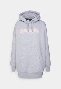 Felpa oversized grigia chiara con tasca frontale e la scritta "Bench." stampata in grandi lettere rosa sul petto, con coulisse sul cappuccio.