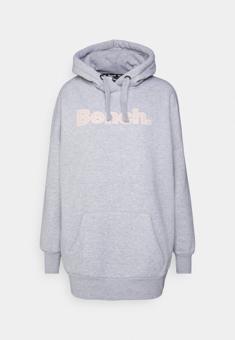 Felpa oversized grigia chiara con tasca frontale e la scritta "Bench." stampata in grandi lettere rosa sul petto, con coulisse sul cappuccio.