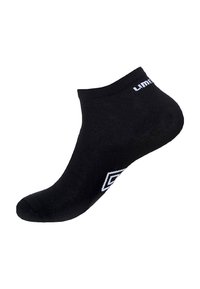 Chaussette noire jusqu'à la cheville avec un logo blanc près de la bordure et un motif géométrique sur le côté, présentée sur un fond blanc.
