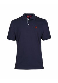Polo shirt blu navy in cotone, con colletto a tre bottoni, maniche corte e un piccolo logo arancione sul petto.