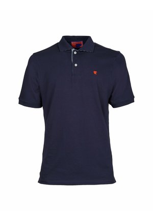 Polo shirt blu navy in cotone, con colletto a tre bottoni, maniche corte e un piccolo logo arancione sul petto.
