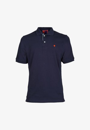 Navyblaues Poloshirt aus Baumwolle, mit einer Drei-Knopf-Leiste, kurzen Ärmeln und einem kleinen orangefarbenen Logo auf der Brust.