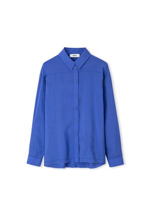 Long-sleeve blue button-up shirt with collar and cuffs, displayed against a plain white background.