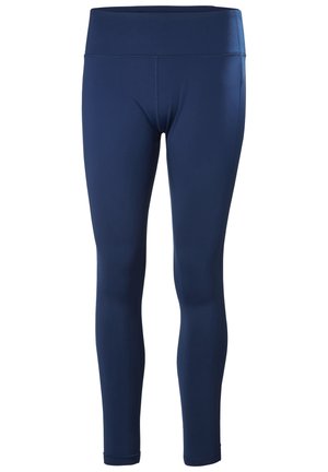 Navy blue leggings made of stretch fabric, featuring a high waistband, smooth texture, and long, fitted legs without any visible seams.