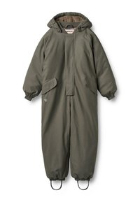 Vihreä eristetty haalari, jossa on huppu, joustavat hihansuut ja kaksi etutaskua. Valmistettu sileästä, vedenkestävästä kankaasta.