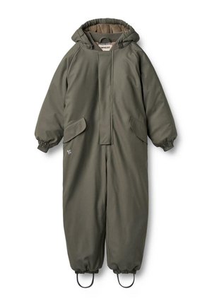 Børns olivengrønne isolerede heldragt til vinterbrug med hætte, klaplommer, elastiske manchetter og fodstropper.