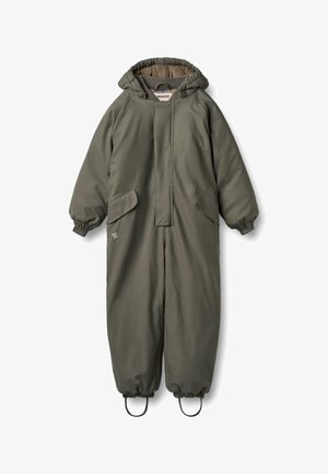 Grøn, isoleret én-dels dragt med hætte, elastiske manchetter og to frontlommer. Fremstillet af glat, vandafvisende stof.