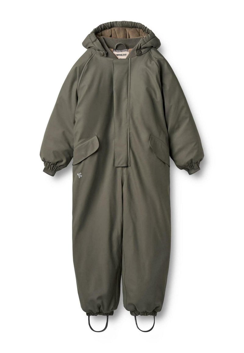 Vihreä eristetty haalari, jossa on huppu, joustavat hihansuut ja kaksi etutaskua. Valmistettu sileästä, vedenkestävästä kankaasta.