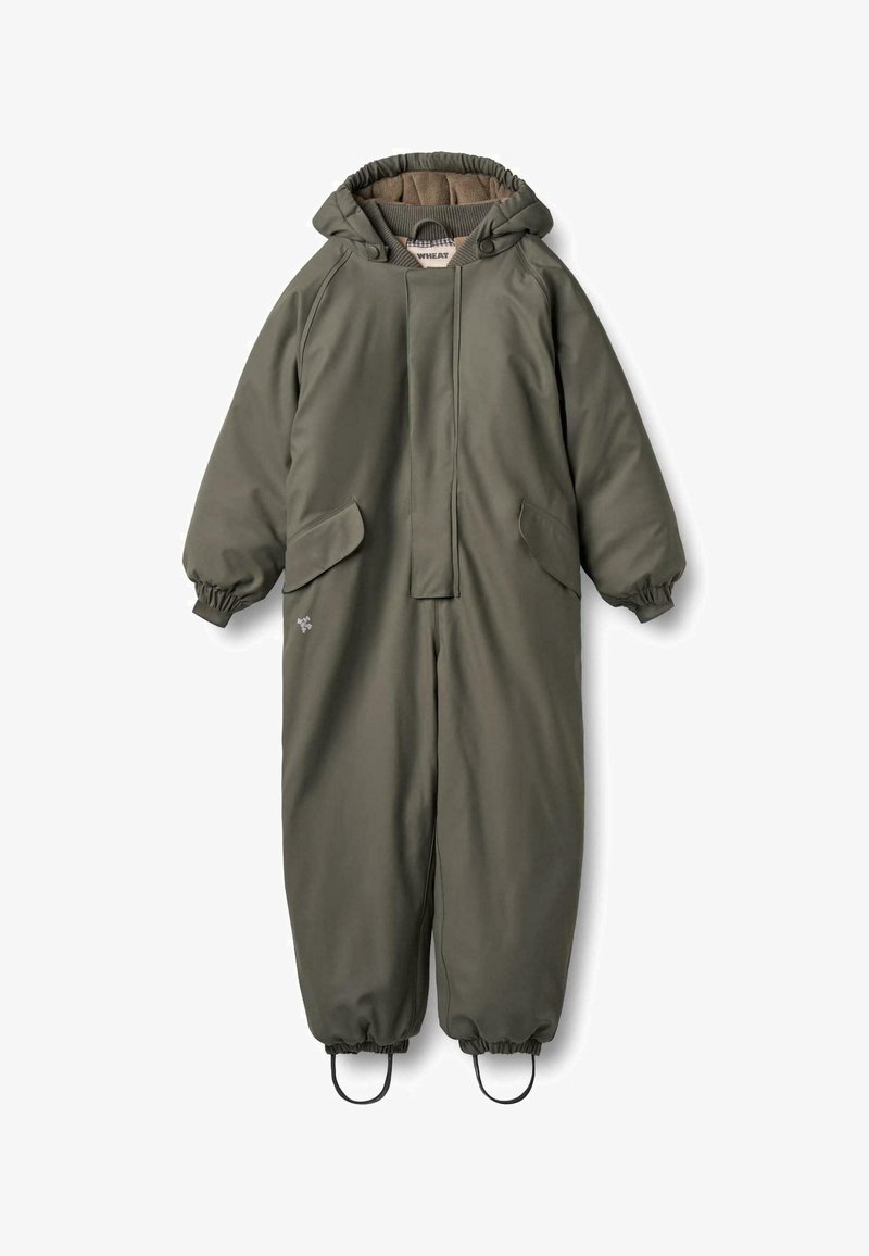 Vihreä eristetty haalari, jossa on huppu, joustavat hihansuut ja kaksi etutaskua. Valmistettu sileästä, vedenkestävästä kankaasta.