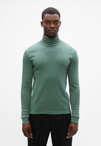 Grüner Rollkragenpullover aus weichem Material, figurbetontes Design, lange Ärmel und Rippbündchen. Getragen mit schwarzen Hosen vor einem schlichten Hintergrund.