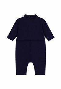Mørkeblå bomulls dress med lange ermer, polo krage og korte ben. Glatt tekstur med et enkelt design og uten mønstre.