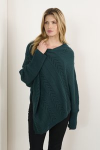 Poncho in maglia di color turchese oversize con motivo a zigzag, con maniche ampie e orlo diagonale. Il tessuto testurizzato aggiunge profondità.