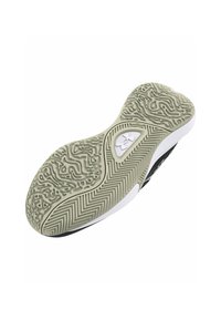 Shoe sole med et tekstureret mønster med zigzag-linjer, glatte detaljer og en lys grå gummibase med et logo.