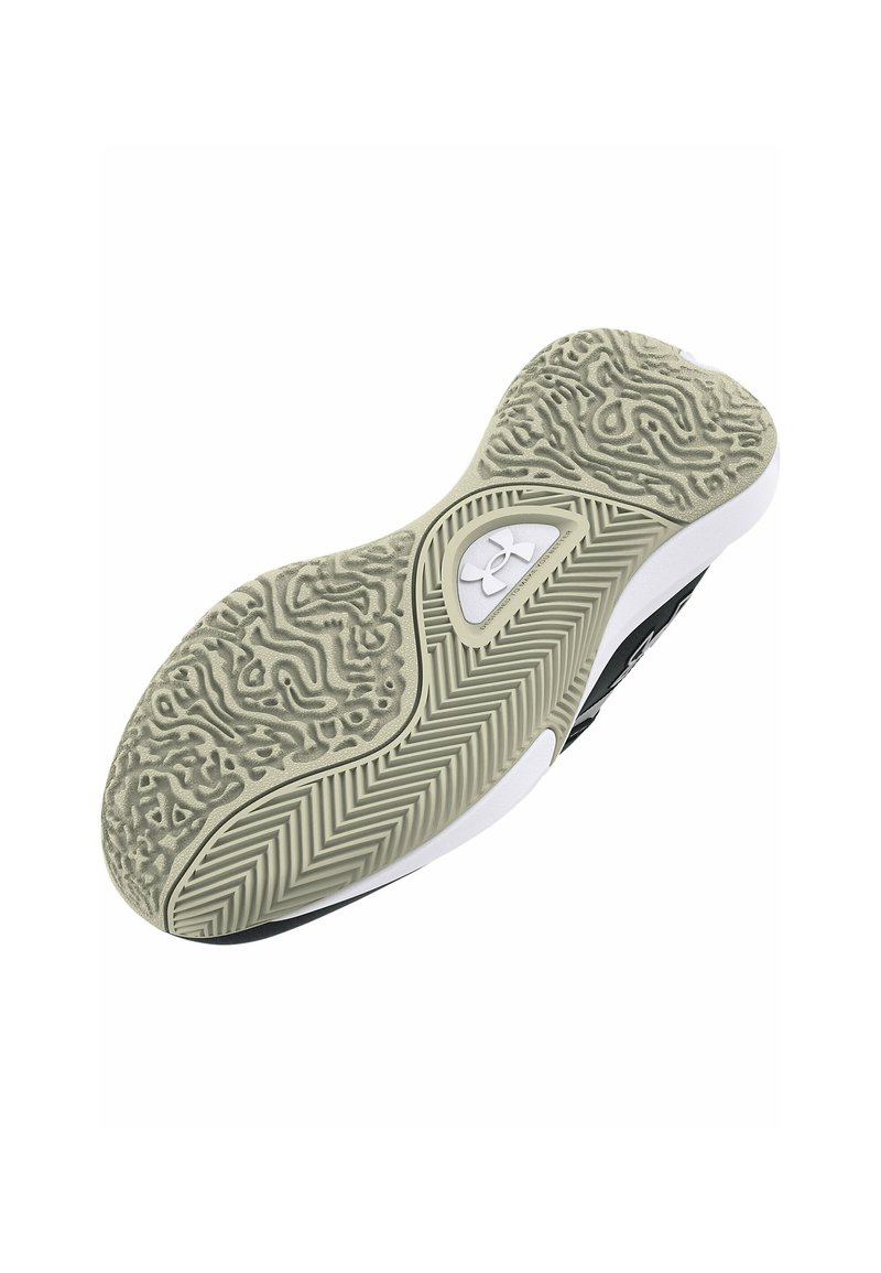 Suela de zapato con un patrón texturizado de líneas en zigzag, acentos suaves y una base de goma gris claro con un detalle de logo.