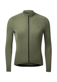 Jersey de ciclismo de mangas largas en verde oliva, fabricado con un tejido suave y elástico, con una cremallera negra y un acento de malla en el dobladillo.