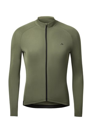 Langarm-Radsporttrikot in Olivgrün, aus glattem, dehnbarem Stoff mit einem schwarzen Reißverschluss und einem Netzakzent am Saum.