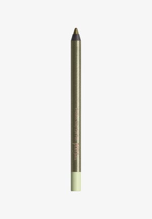 Green metallic eye pencil with a pointed tip. Features a soft-touch mint green end cap and branding printed in light pink on the body.