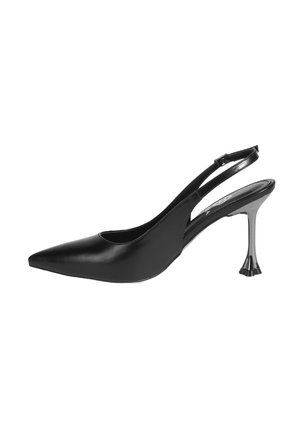 Escarpin en cuir noir à talon haut, bout pointu, côtés découpés et design de talon évasé. Texture lisse et finition brillante.