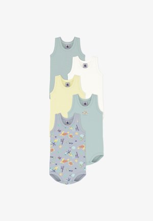 Vijf mouwloze bodysuits: gestreept lichtblauw, effen pastelgeel, wit, lichtgroen en lichtgrijs met kleurrijke onderwaterpatronen.