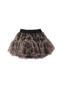 Falda de tul en beige con un patrón floral negro, que presenta un diseño de volantes y una cinturilla negra sólida. Varias capas crean volumen.