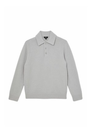 Pulover din tricot gri deschis cu guler, închidere cu trei nasturi, manșete cu inserții și detalii pe umeri. Textură moale, design casual.