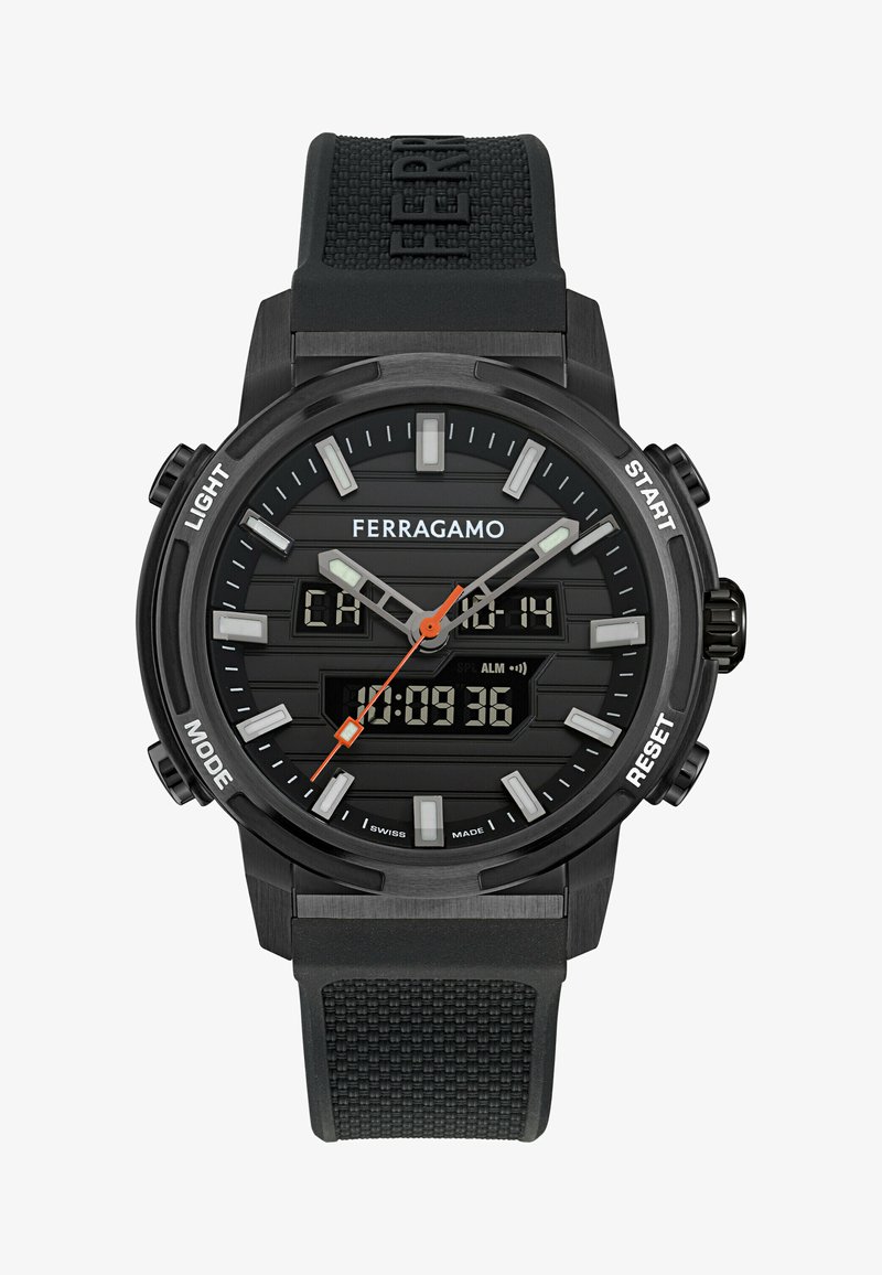 Czarny zegarek cyfrowy z teksturowanym paskiem z gumy. Funkcje obejmują okrągłą kopertę, wyraźne białe znaczniki godzin, pomarańczową sekundnik i wiele przycisków.